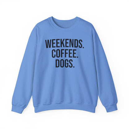 Carolina blue sweatshirt with 'WEEKENDS. COFFEE. DOGS.' black text on a white background.
