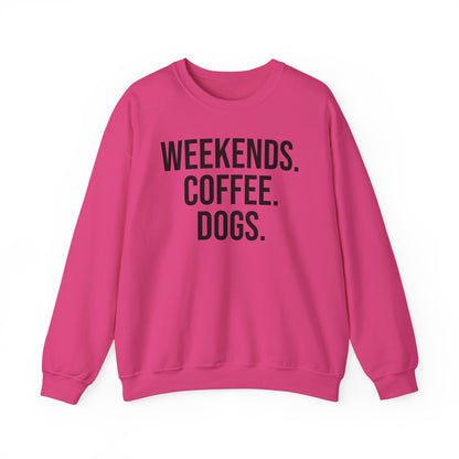 Heliconia pink sweatshirt with 'WEEKENDS. COFFEE. DOGS.' black text on a white background.