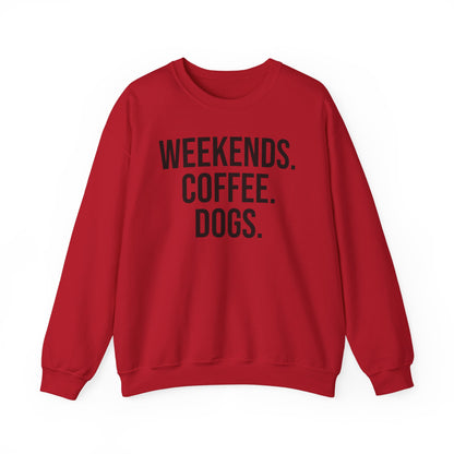 Red sweatshirt with 'WEEKENDS. COFFEE. DOGS.' black text on a white background.